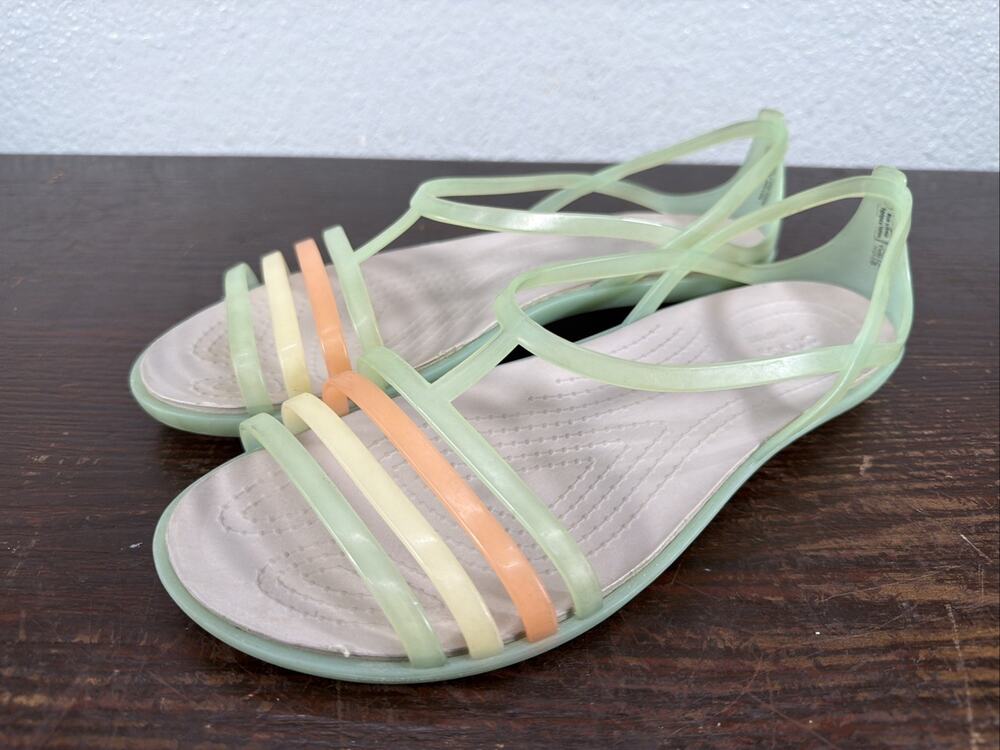 Crocs Isabella Sandals T-Strap Green Jelly Strappy Flat Women's Size 9
